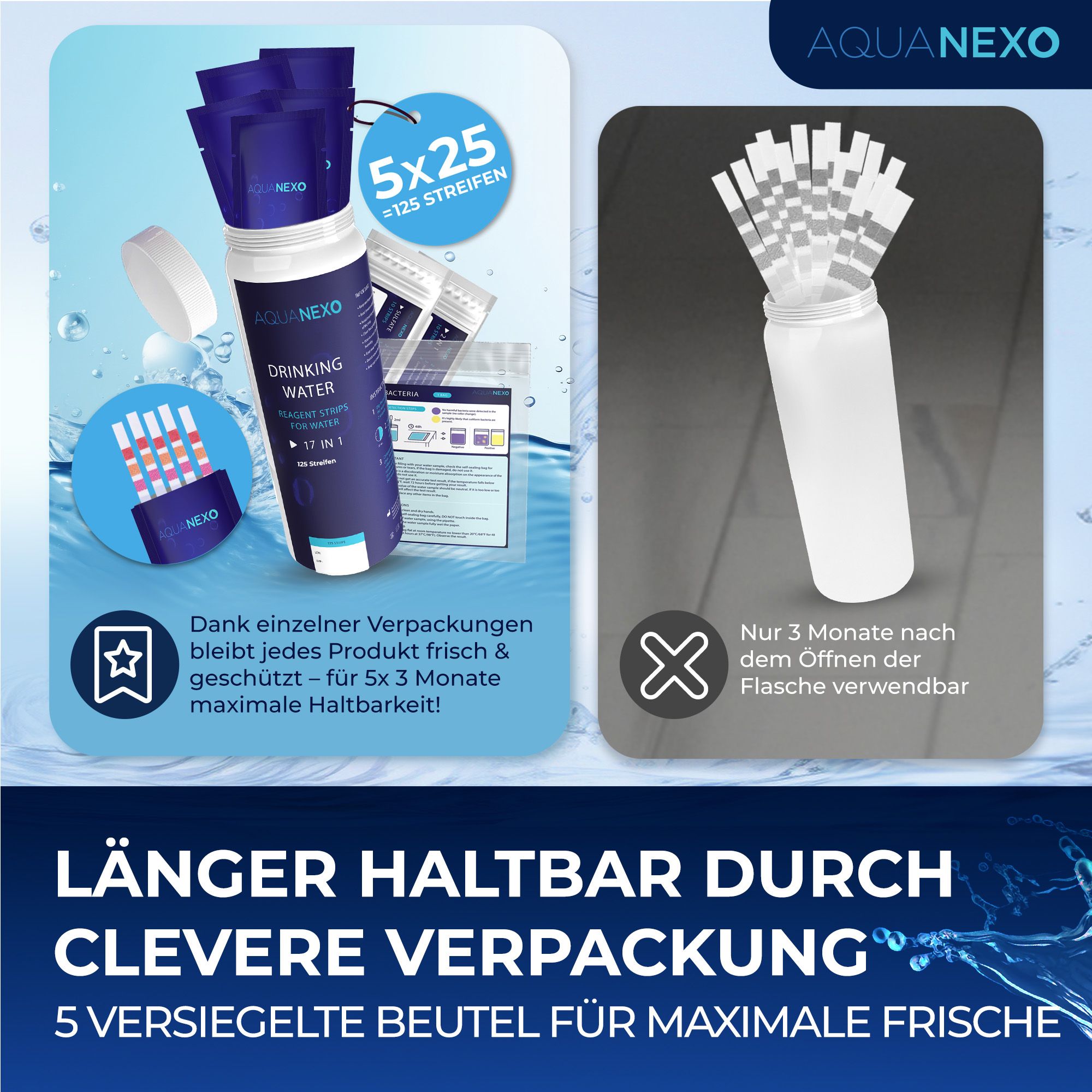 Aquanexo Trinkwasser Teststreifen + Bakterientests - 21 Werte messbar