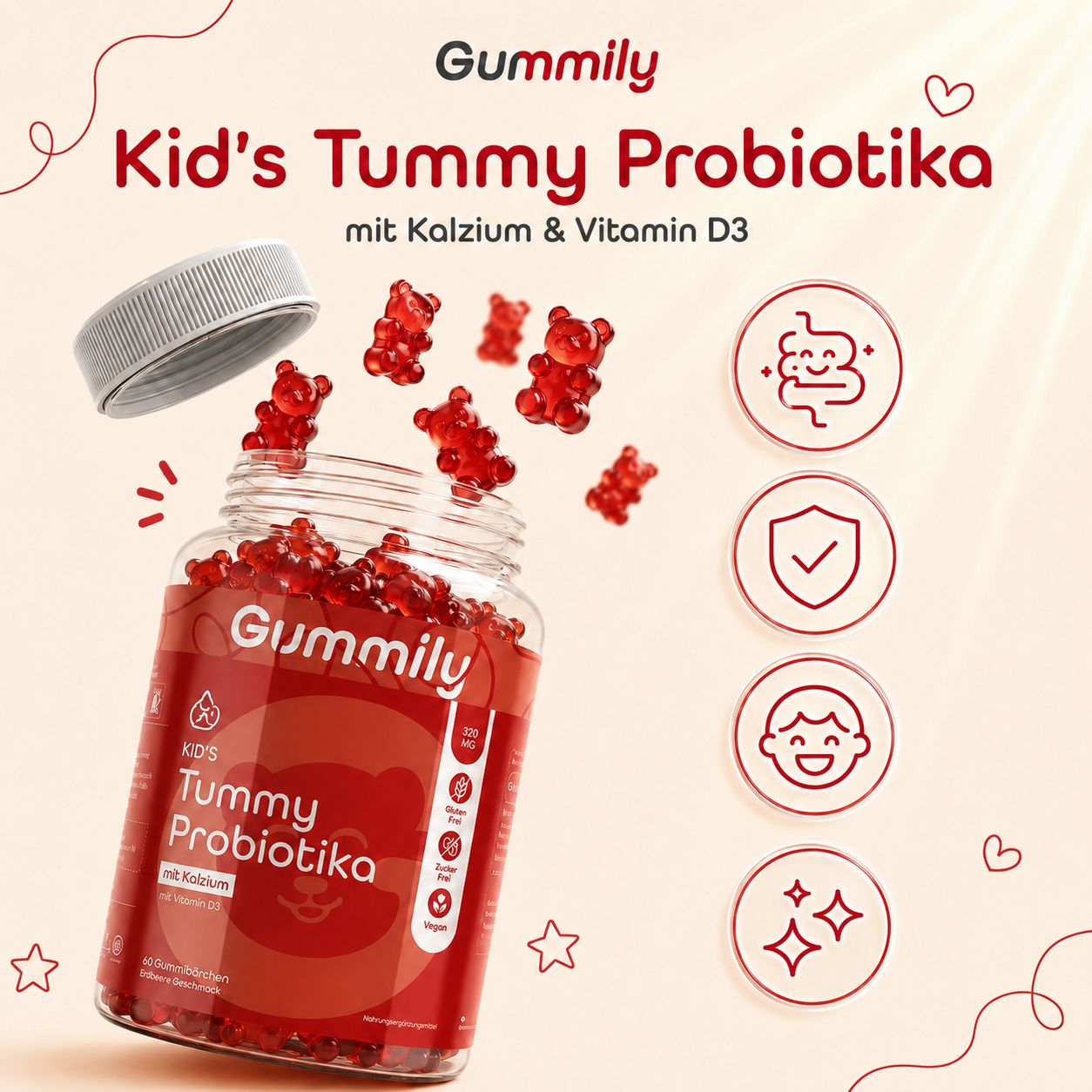 Gummily Kid's Tummy Probiotika Flasche mit Kalzium & Vitamin D3. Rote Gummibärchen. Symbole für Darm, Immunsystem, Kinder.