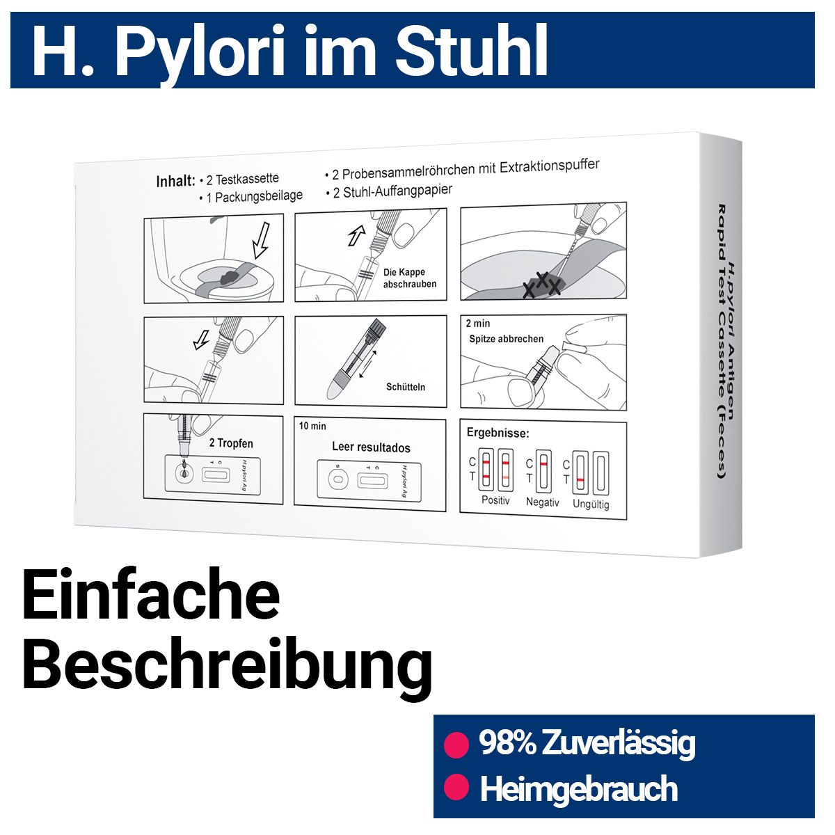 Rückseite der HIXO H. pylori-Testpackung. Grafische Anleitung zur Anwendung. Enthält 2 Testkassetten, Probenröhrchen, Stuhlauffangpapier.