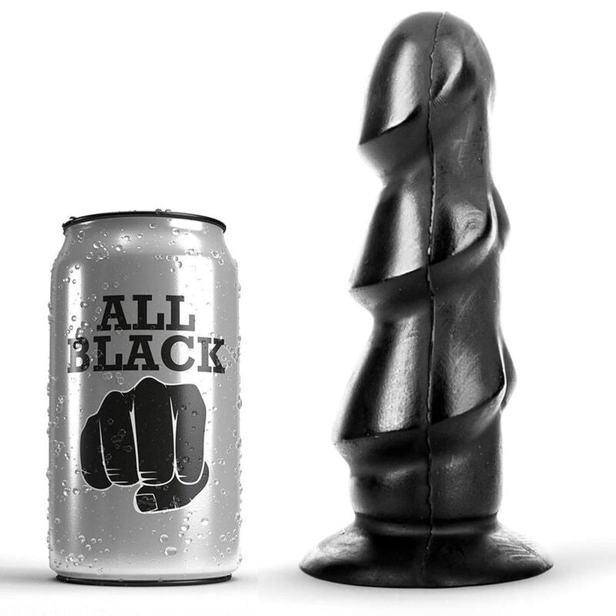 Schwarzer Dildo mit gewellter Oberfläche. Neben einer Dose mit "ALL BLACK" Aufdruck und Faust-Symbol.