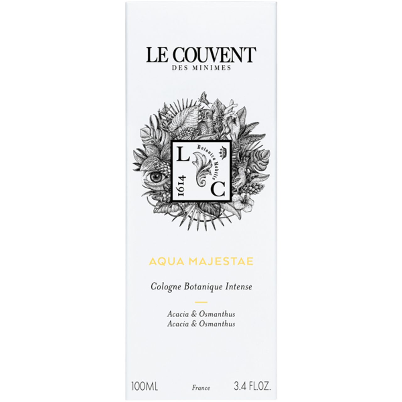 Weiße Verpackung mit Logo und Text. Aufschrift: Le Couvent des Minimes, Aqua Majestae. Text: Cologne Botanique Intense.