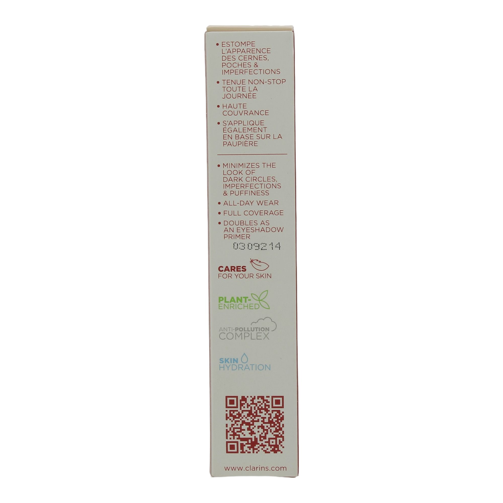 Rückseite der Clarins Everlasting Concealer 03 Verpackung. Text in mehreren Sprachen, QR-Code, Logo.