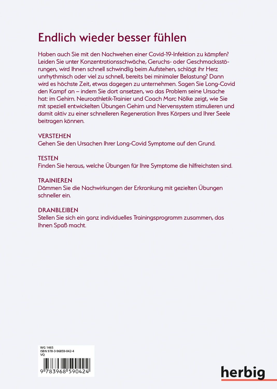 Rückseite des Buches "Long Covid Training". Text über Symptome und Übungen. Logo "herbig". ISBN und Barcode.