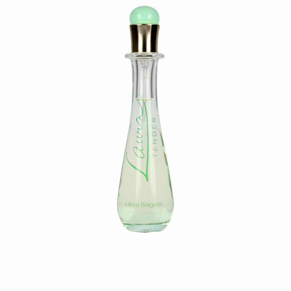 Laura Biagiotti Tender Eau de Toilette Flakon. Tropfenförmig, transparentes Glas. Grüner Deckel. Schriftzug Laura Tender.