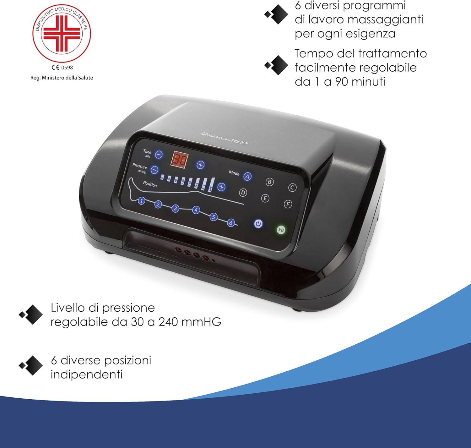 Schwarzes Massagegerät mit digitalem Display, das Druck, Modus und Timer anzeigt. Verstellbarer Druck von 30-240 mmHg.