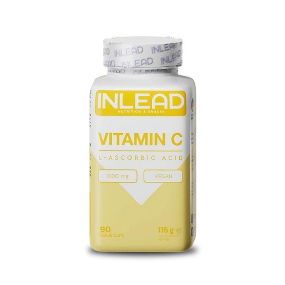 Weißes INLEAD Vitamin C Fläschchen mit gelbem Etikett. Aufschrift: Vitamin C, L-Ascorbinsäure, 1000 mg, vegan. 90 Kapseln, 116 g.