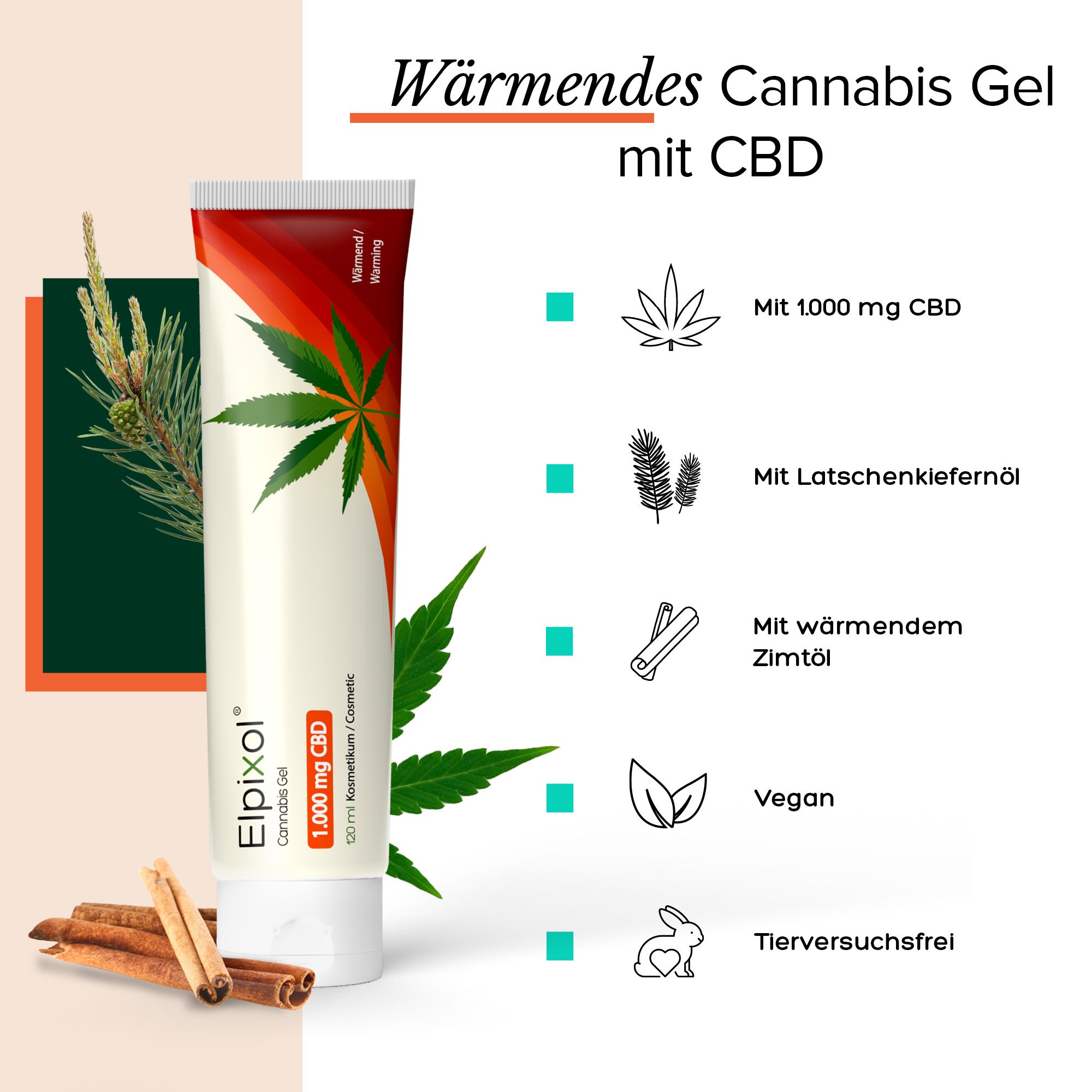Tube ELPIXOL® Cannabis Gel mit Hanfblatt. Infografik mit Inhaltsstoffen: CBD, Latschenkiefernöl, Zimtöl, vegan, tierversuchsfrei.