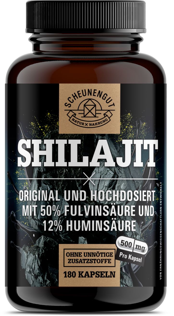 Braune Flasche mit Shilajit-Kapseln. Aufschrift: Shilajit, Original, 50% Fulvinsäure, 12% Huminsäure, 180 Kapseln. 500mg pro Kapsel.