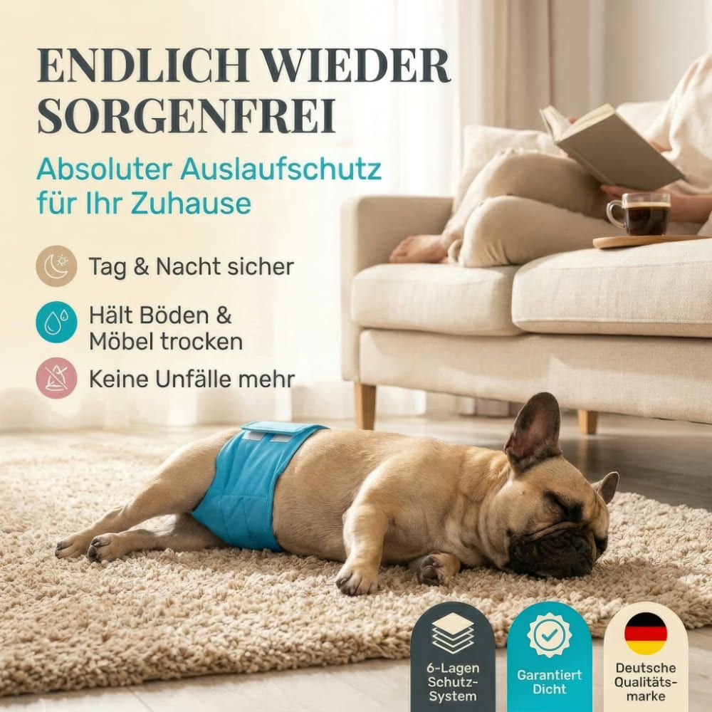 Hund mit blauer Windel liegt auf Teppich. Text: Endlich wieder sorgenfrei. 6-Lagen-Schutz-System.