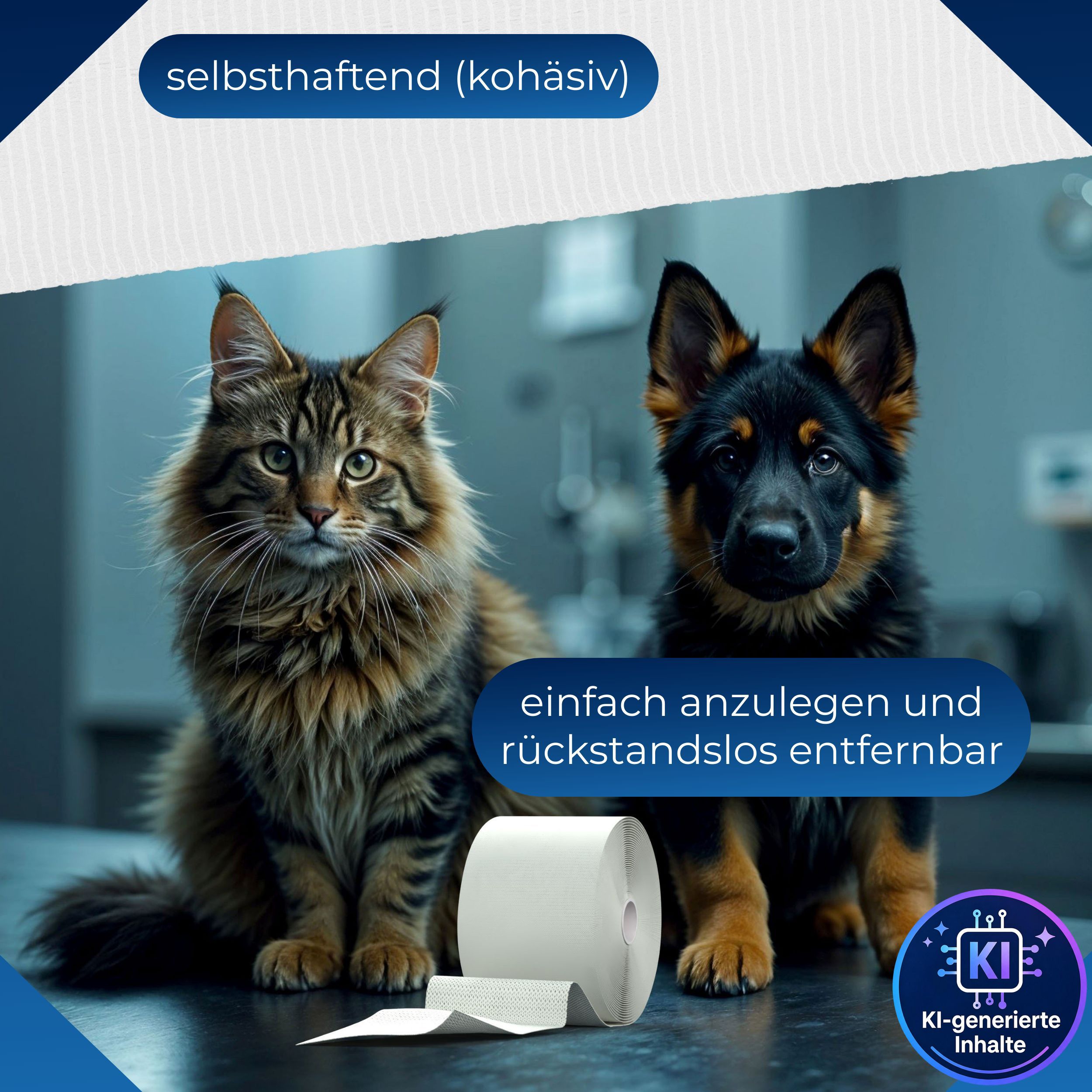 Eine Katze und ein Hund sitzen nebeneinander. Eine Rolle weißes, selbsthaftendes Bindenmaterial liegt davor.