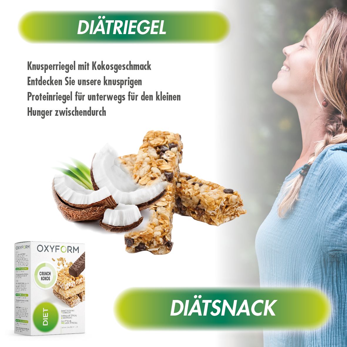 Diätrigel mit Kokosgeschmack. Kokosnuss und Riegel. Verpackung im Hintergrund. Frau atmet. Aufschrift: Diätsnack.