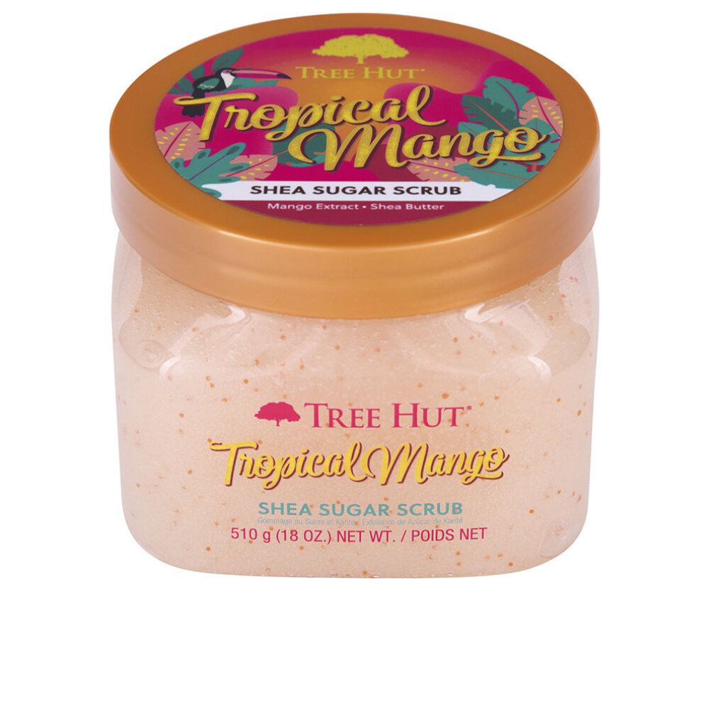 Tree Hut Shea Sugar Scrub Tropical Mango Körperpeeling, 510g (18 oz), mit tropischem Mangologo und orangefarbenem Deckel.