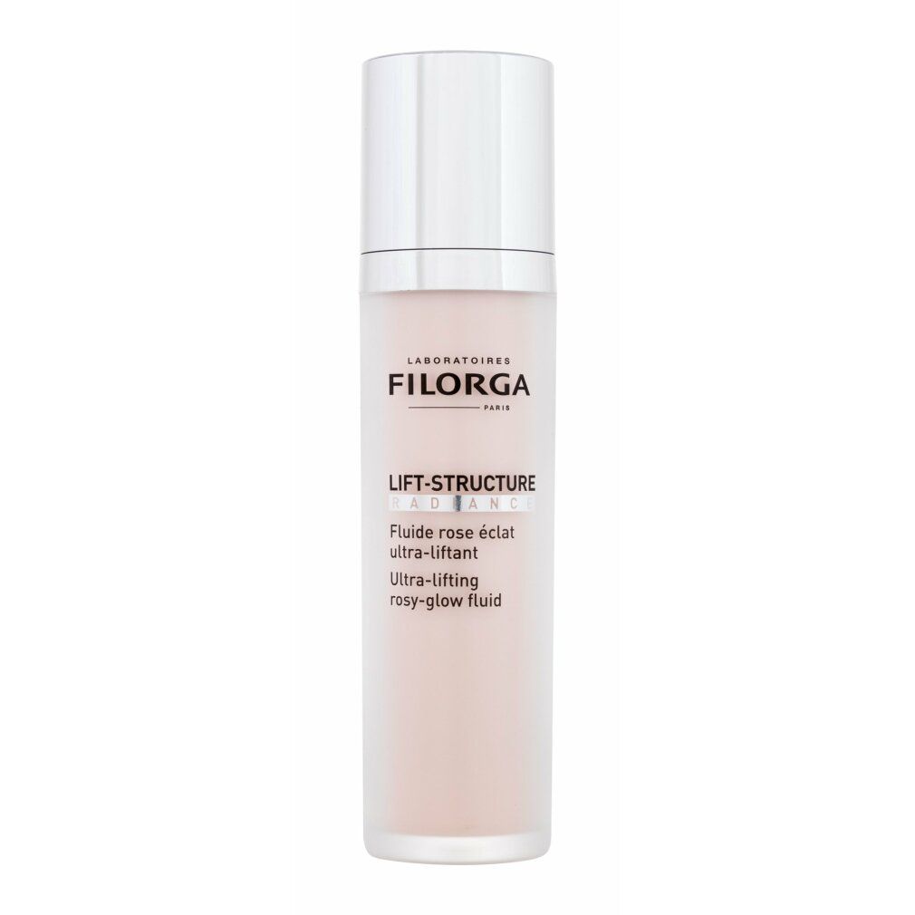 Produktflasche mit silbernem Deckel. Marke Filorga. Produktname: Lift-Structure Radiance. Rosiges, ultra-straffendes Fluid.