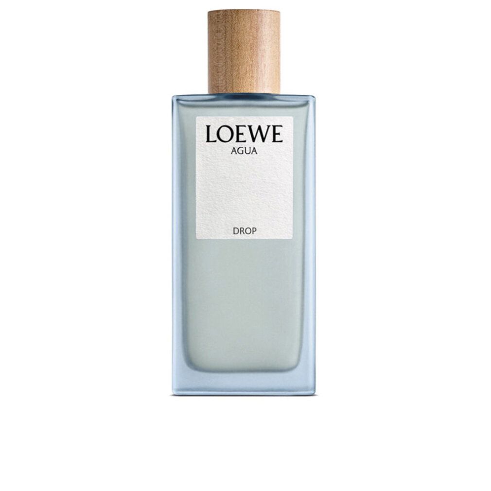 Rechteckige Glasflasche mit hellblauem Inhalt und Holzverschluss. Etikett mit 'LOEWE AGUA DROP'.