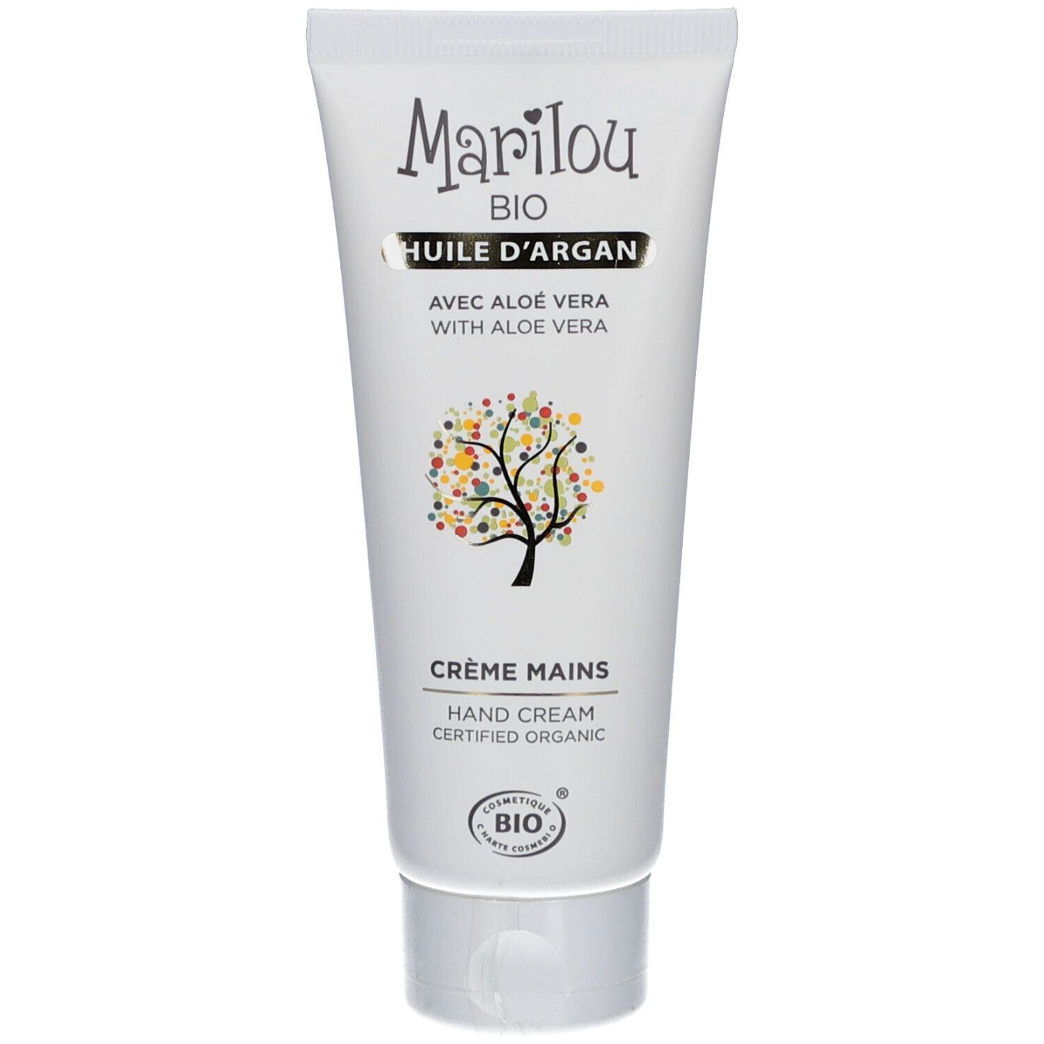 Weiße Tube mit Marilou Bio Handcreme. Aufschrift: Huile d'Argan, Crème Mains, zertifiziert biologisch. Baum-Logo.