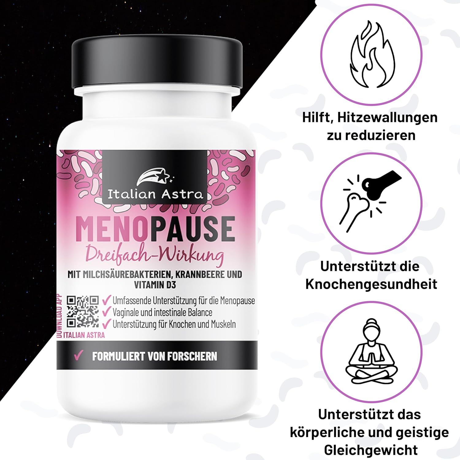 Flasche mit Kapseln und Illustrationen. Beschriftung: Italian Astra, Menopause Dreifach-Wirkung. Vorteile: Hitzewallungen, Knochen, Gleichgewicht.