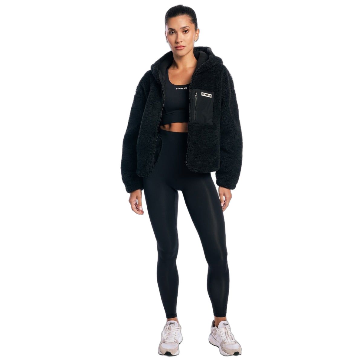 GymBeam Jacke Damen Sherpa Oversized mit Kapuze und Reißverschlusstaschen in Schwarz