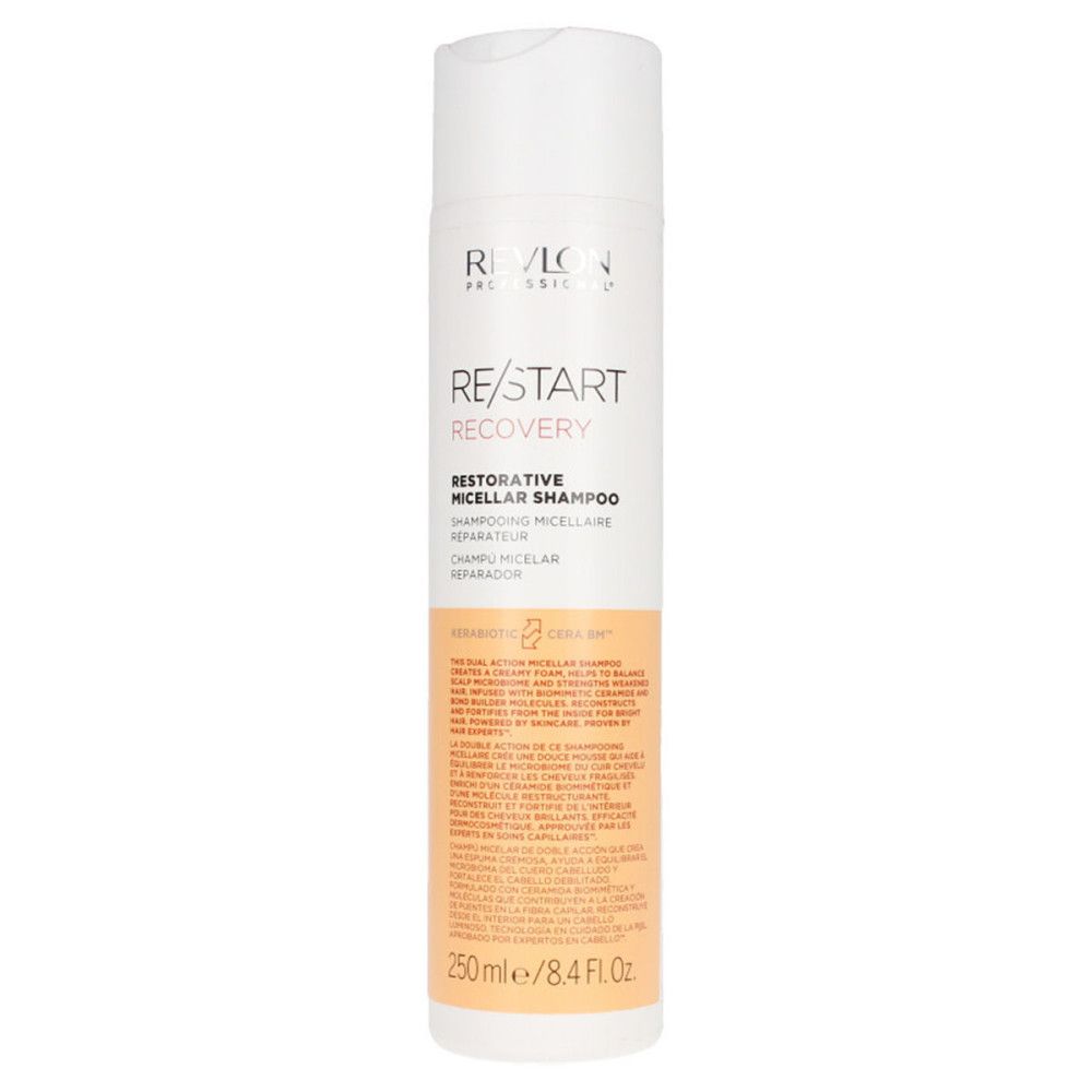 Weiß-orangefarbene Flasche mit Shampoo. Aufschrift: Revlon, Re/Start Recovery, Restorative Micellar Shampoo. 250ml/8.4 Fl Oz.