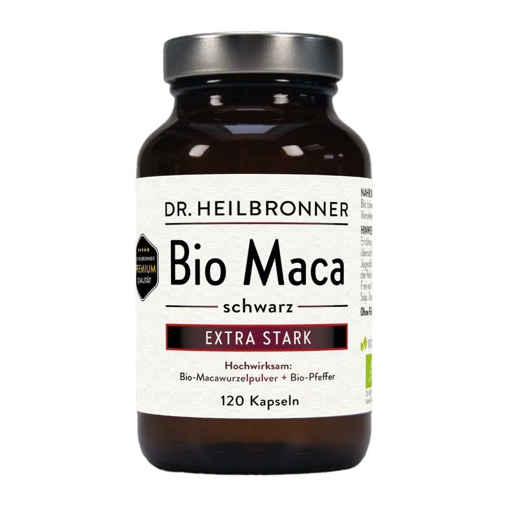 Braune Glasflasche mit schwarzen Kapseln. Aufschrift: Bio Maca schwarz Extra Stark. 120 Kapseln.