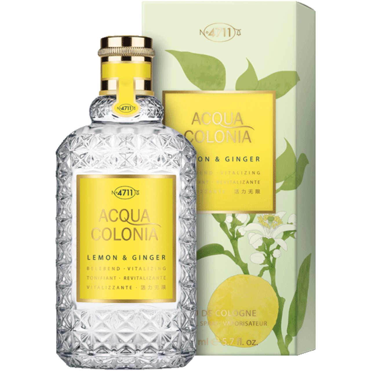 Flakon und Verpackung. Flakon mit gelbem Etikett. Aufschrift: Acqua Colonia Lemon & Ginger. Grüne Verpackung.
