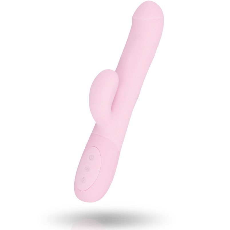 Rosa Vibrator mit gebogener Form und drei Knöpfen. Der Kopf ist länglich, mit einem gebogenen Teil an der Seite.
