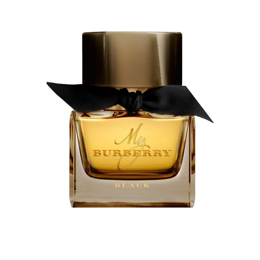 Quadratischer Flakon mit goldfarbener Flüssigkeit, schwarzer Schleife und goldfarbenem Deckel. Schriftzug 'My BURBERRY BLACK'.