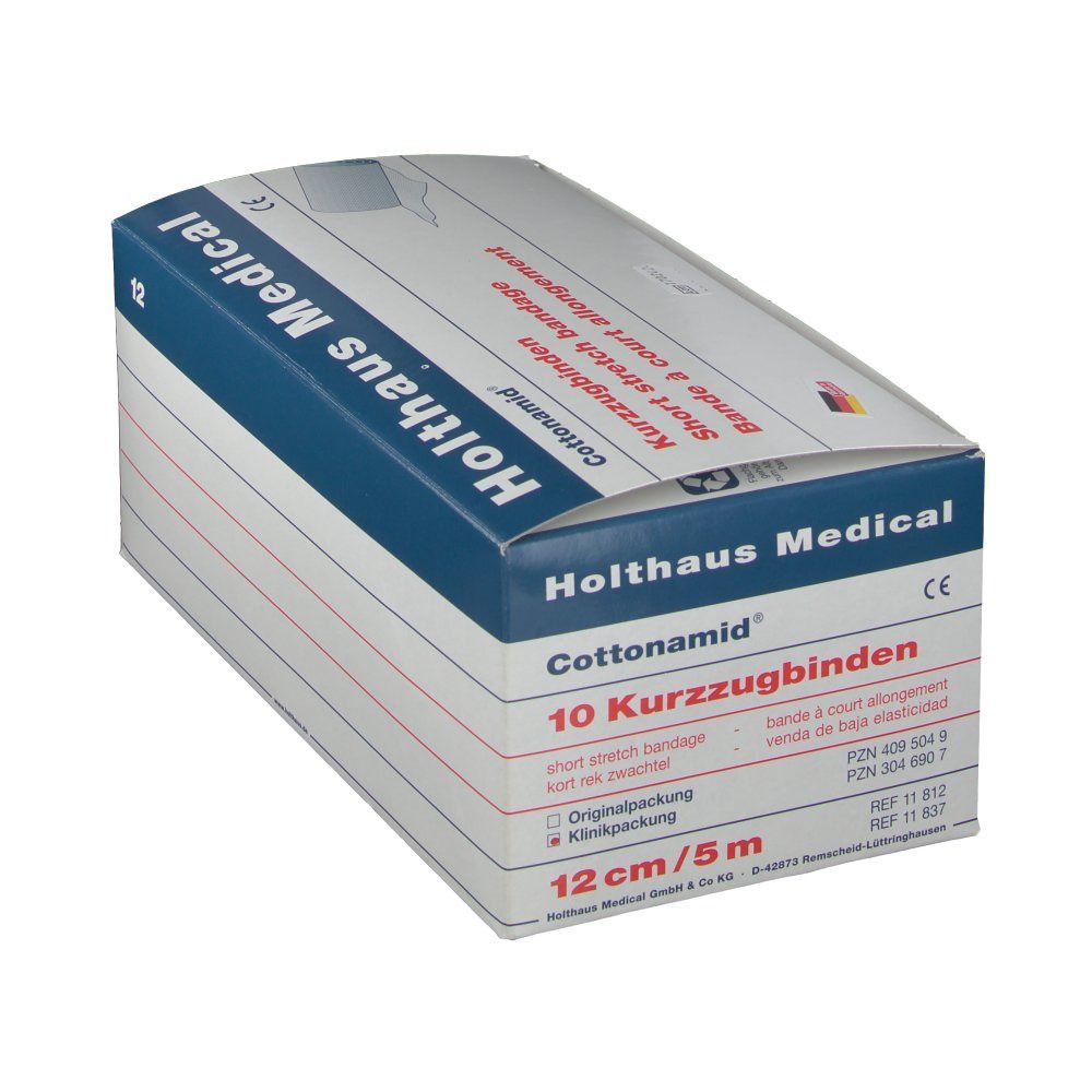 Verpackung mit 10 Kurzzugbinden. Aufschrift: Cottonamid, Holthaus Medical. Größe: 12 cm x 5 m. Mit CE-Kennzeichnung.