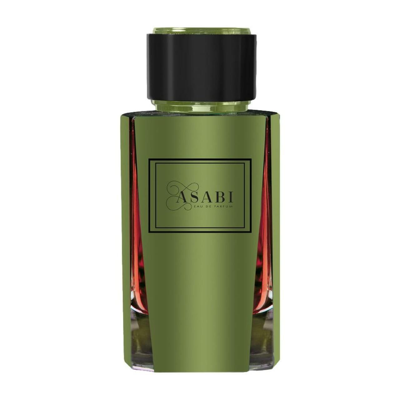 Grüne Glasflasche mit schwarzem Deckel. Aufschrift "ASABI".