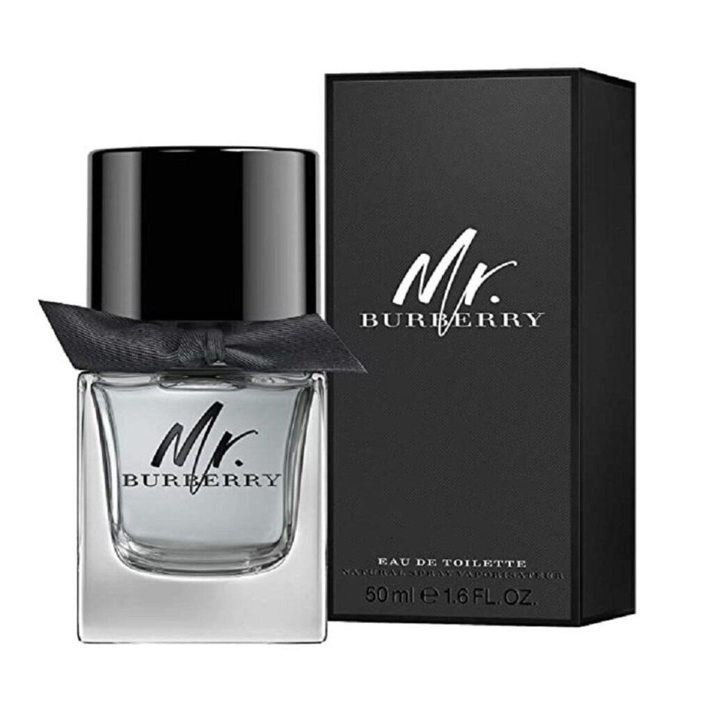Flakon mit schwarzem Deckel und Schleife. Schwarze Schachtel mit "Mr. Burberry" Aufdruck. Text: Eau de Toilette.