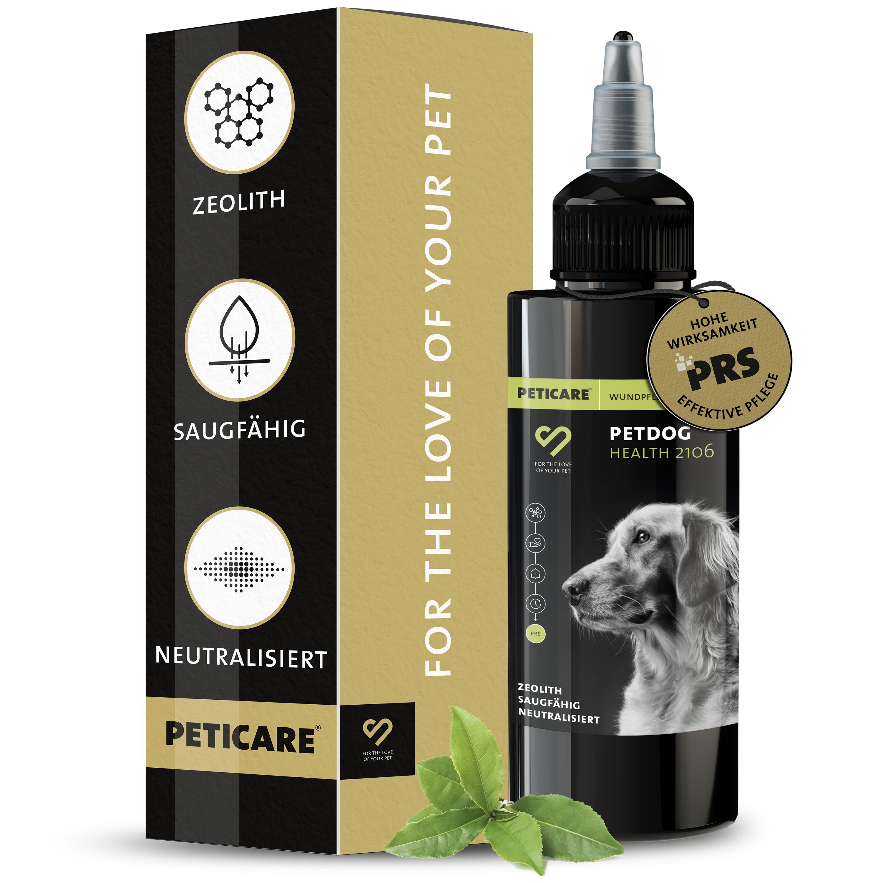 Peticare-Flasche und Verpackung. Zeolith, saugfähig, neutralisierend. PRS-Siegel. Für Hunde. Mit Blatt.