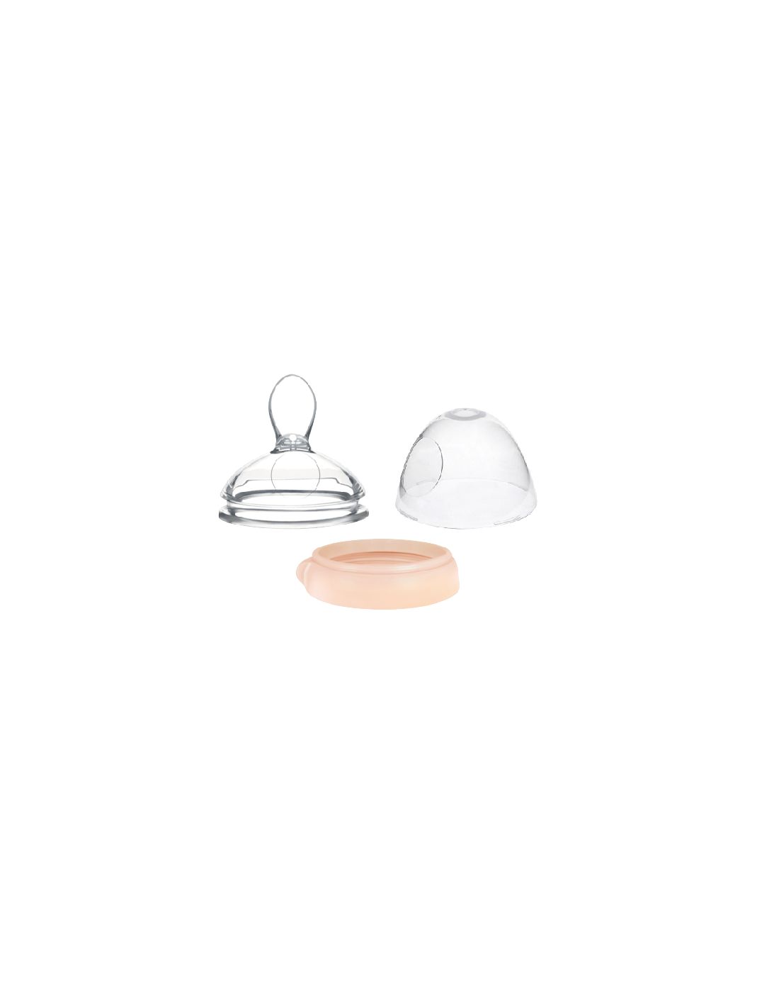 Set aus transparentem Silikon-Trinkaufsatz, Deckel und rosa Ring. Einzelteile liegen frei.