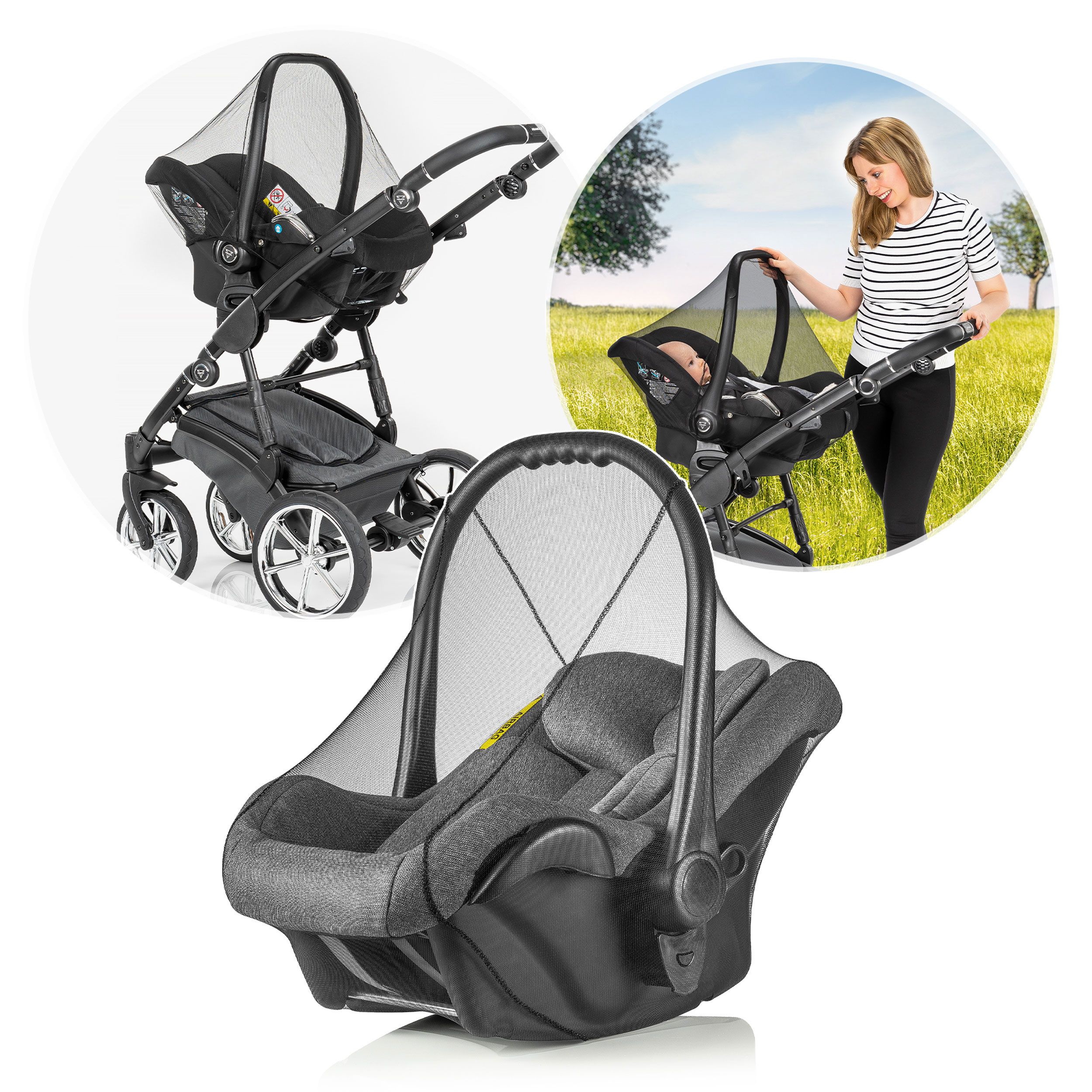 Babyschale mit Insektenschutznetz. Kinderwagen mit Babyschale. Frau mit Kinderwagen. Schwarzes Netz.