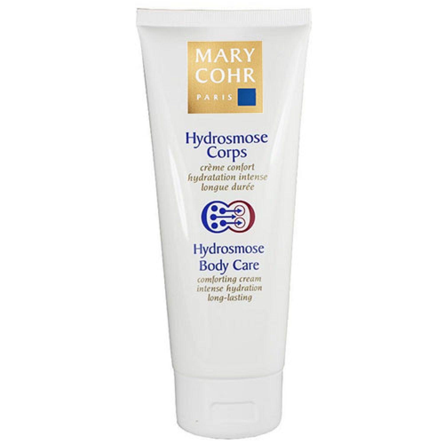 Weiße Tube mit Produktnamen und Logo. Text: Hydrosmose Corps, Body Care. Gold-Blaues Logo. Creme für den Körper.