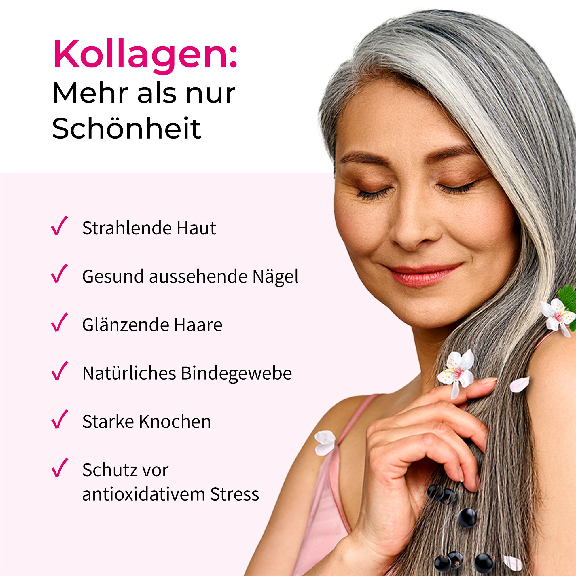 Frau mit geschlossenen Augen und Blumen im Haar. Liste: Strahlende Haut, gesunde Nägel, glänzende Haare, Bindegewebe, Knochen, Schutz.