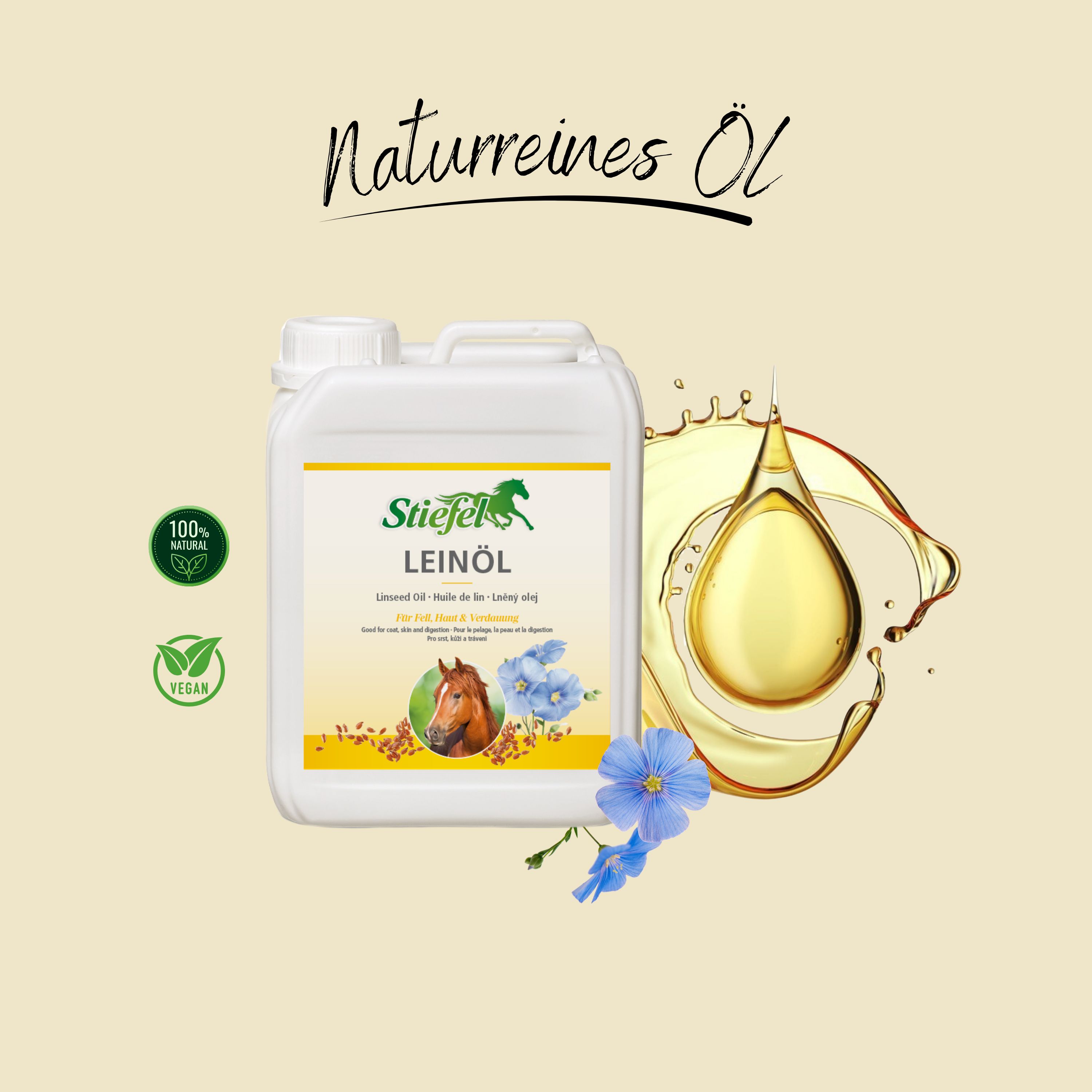 Weißer Kanister mit gelbem Etikett. Aufschrift: Stiefel Leinöl. Abbildung eines Pferdes und Flachsblüten. Tropfen Öl und grüne Siegel.