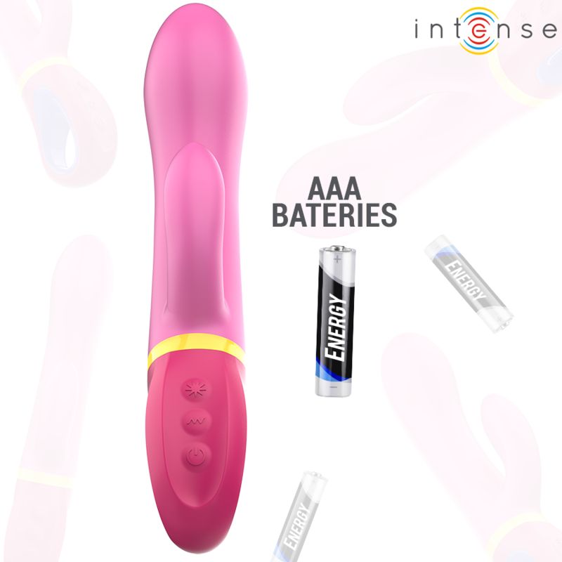 Rosa Vibrator mit AAA-Batterien. Drei Batterien sind abgebildet.