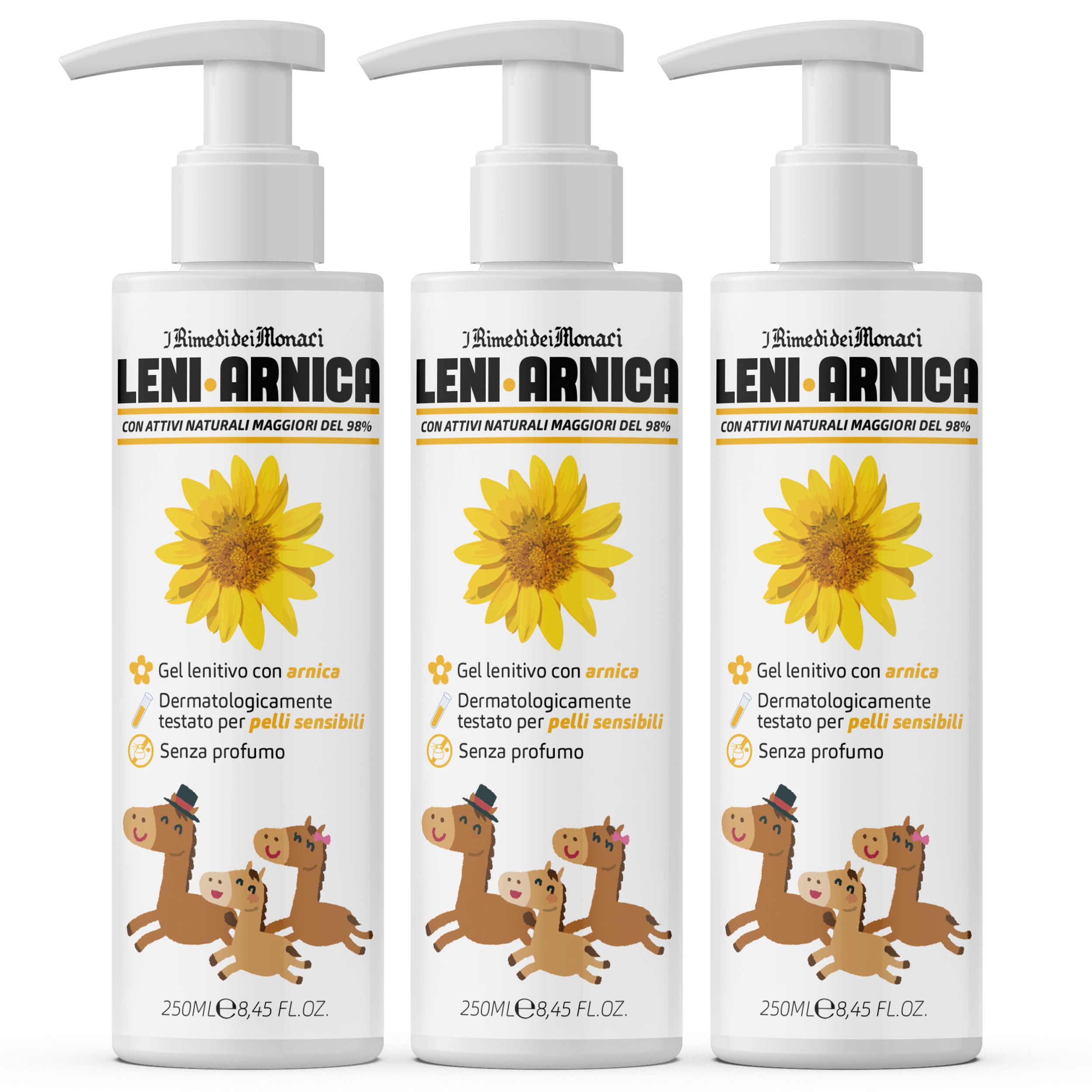 Drei Flaschen Leni-Arnica-Gel. Weiße Flaschen mit Pumpaufsatz. Aufdruck mit Sonnenblume und Text. 250 ml.