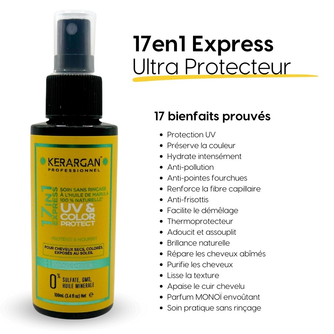 Kerargan Tonique UV & Color Protect. Flacon jaune avec vaporisateur. Texte: 17in1 Express UV & Color Protect. Avantages listés.