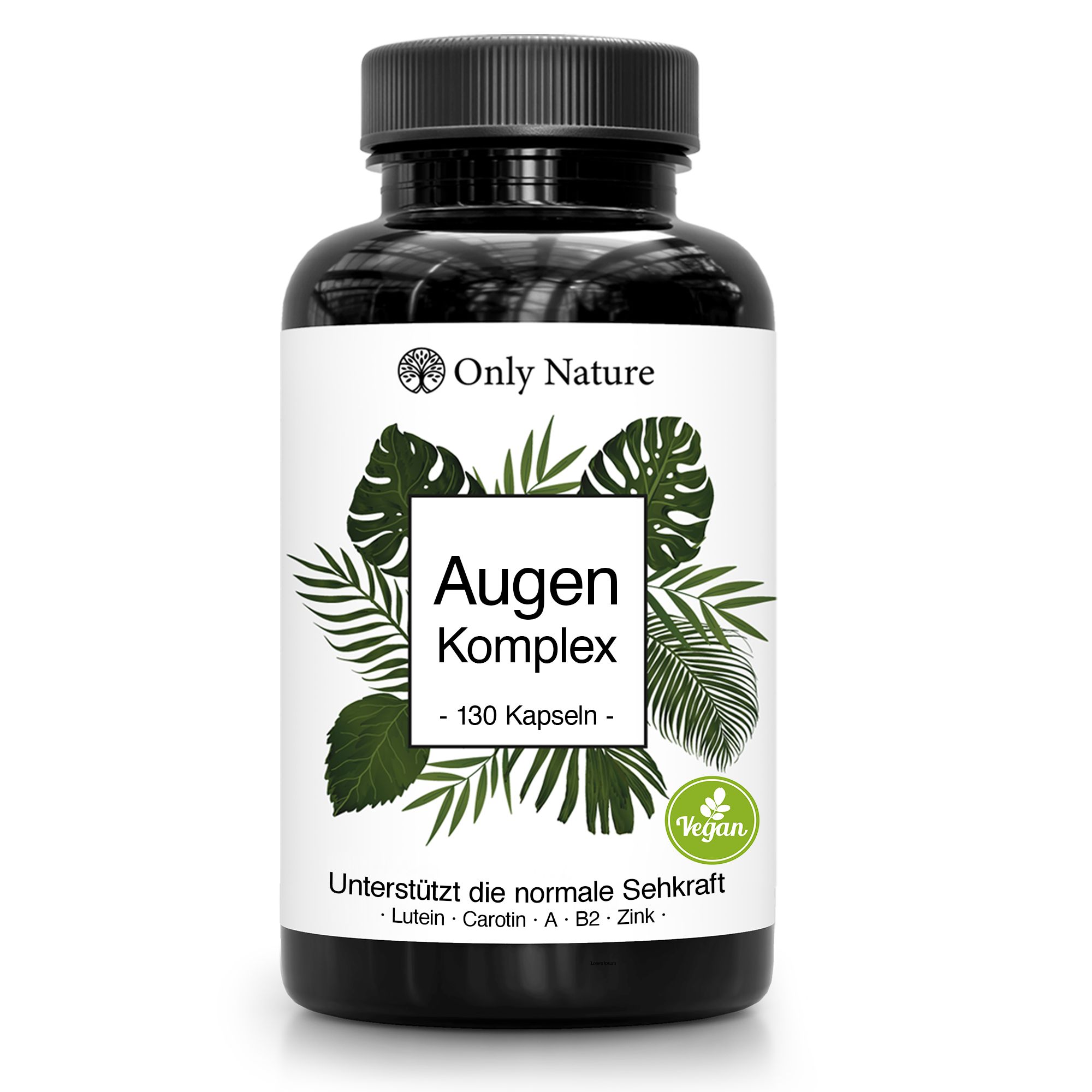 Schwarze Flasche mit weißem Etikett. Aufschrift: Augen Komplex, 130 Kapseln. Vegan-Siegel. Enthält Lutein, Carotin, A, B2, Zink.