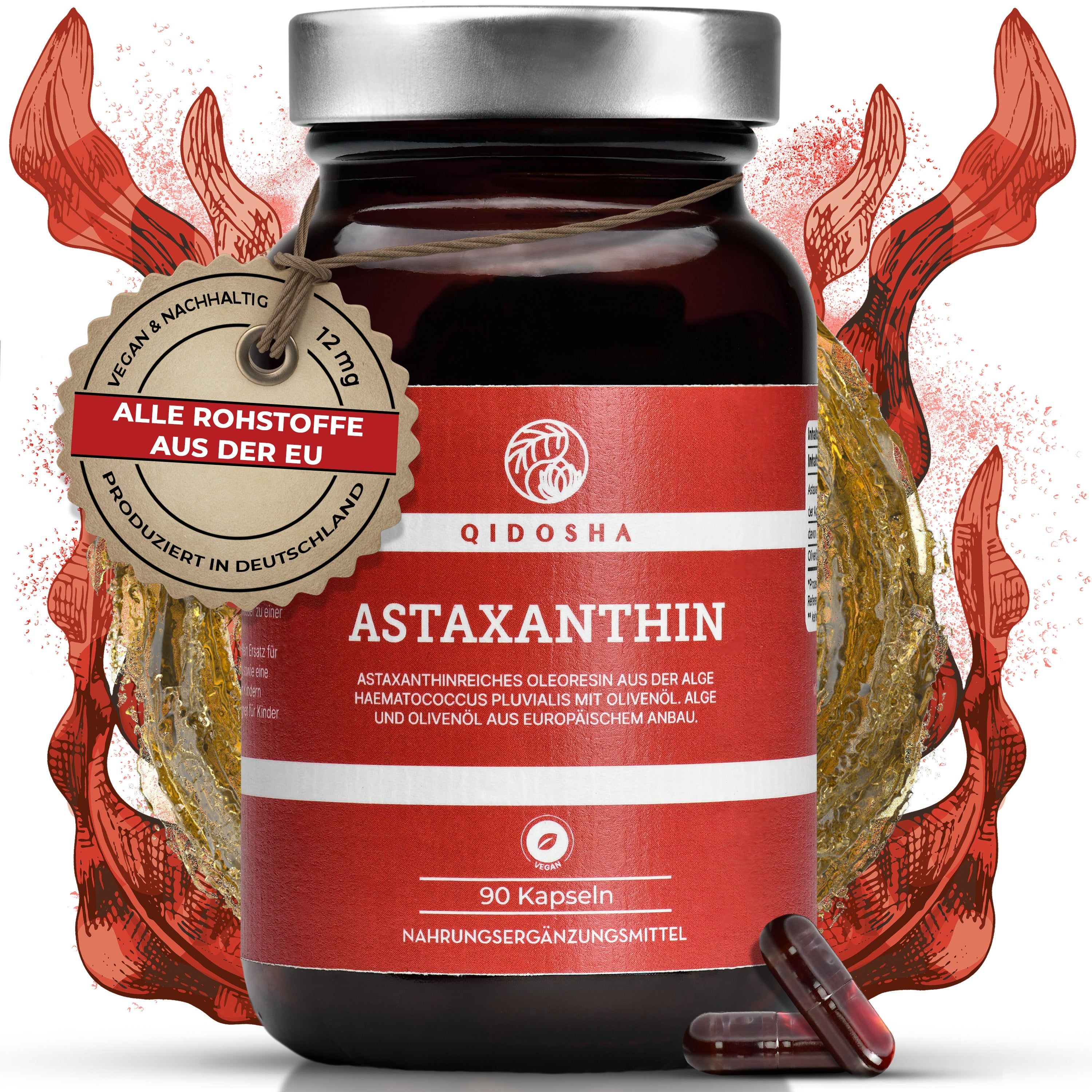 QIDOSHA Astaxanthin Kapseln in Braunglasflasche mit Siegel 'Alle Rohstoffe aus der EU'.