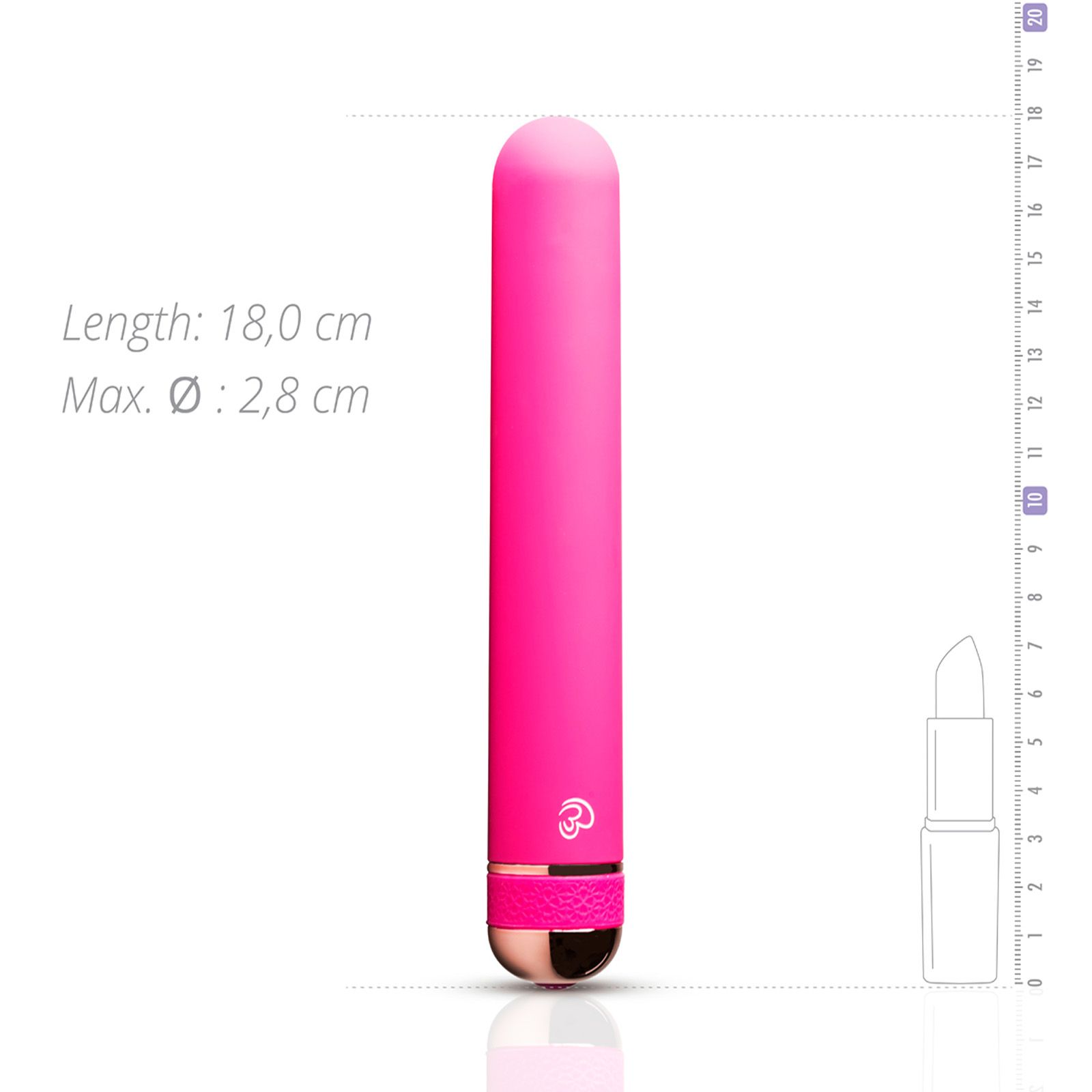 Pinkfarbener Vibrator mit Maßangaben: Länge 18,0 cm, Ø 2,8 cm. Skala und Lippenstift-Umriss.