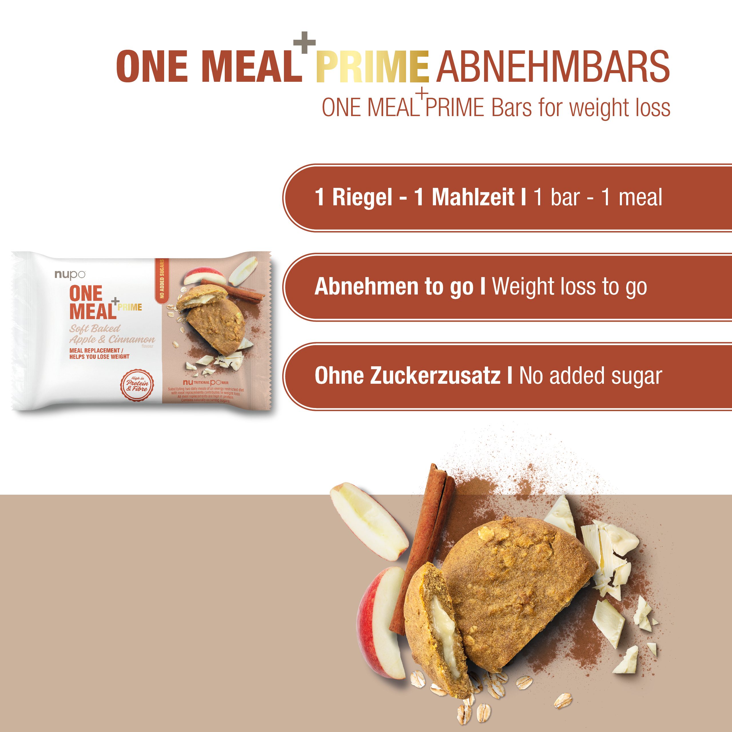 Verpackung von nupo One Meal +Prime Soft Baked Apple-Cinnamon. Text: 1 Riegel - 1 Mahlzeit, Abnehmen to go, Ohne Zuckerzusatz. Abgebildet: Riegel, Apfel, Zimt.