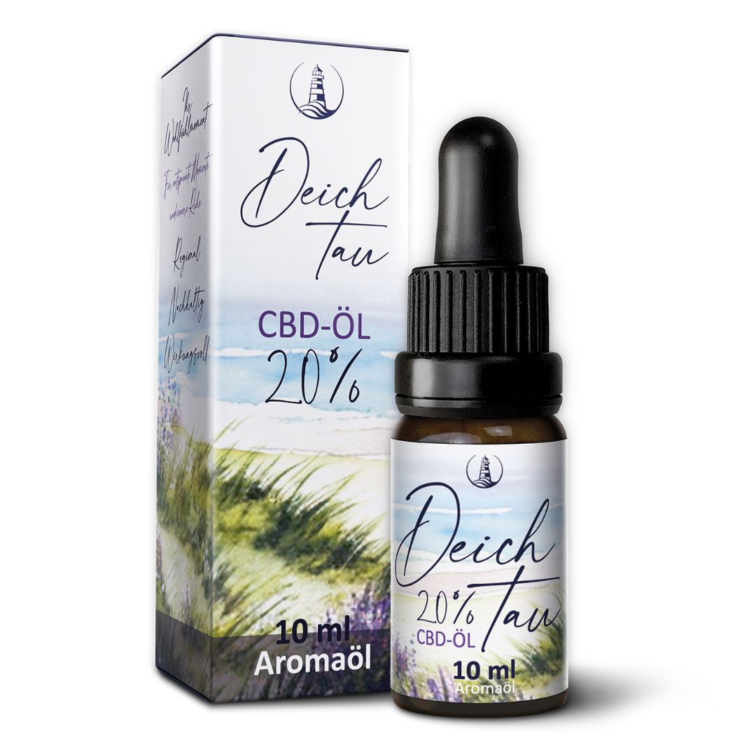 Braune Glasflasche und Karton mit Aufschrift "Deichtau CBD-Öl 20%". Tropfflasche. 10 ml Aromaöl.