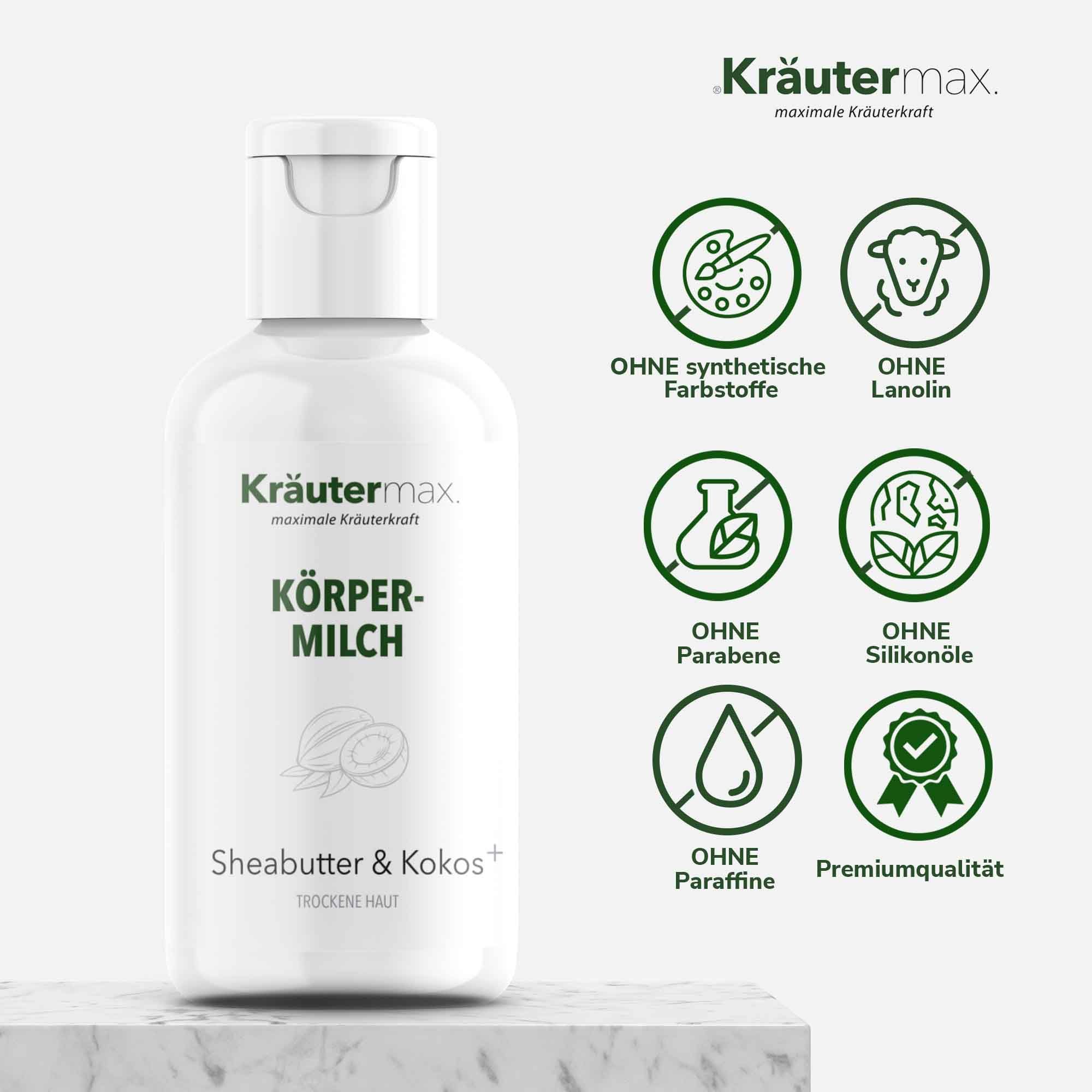 Weiße Flasche Kräutermax Körpermilch. Logos: Ohne synthetische Farbstoffe, Lanolin, Parabene, Silikonöle, Paraffine. Premiumqualität.