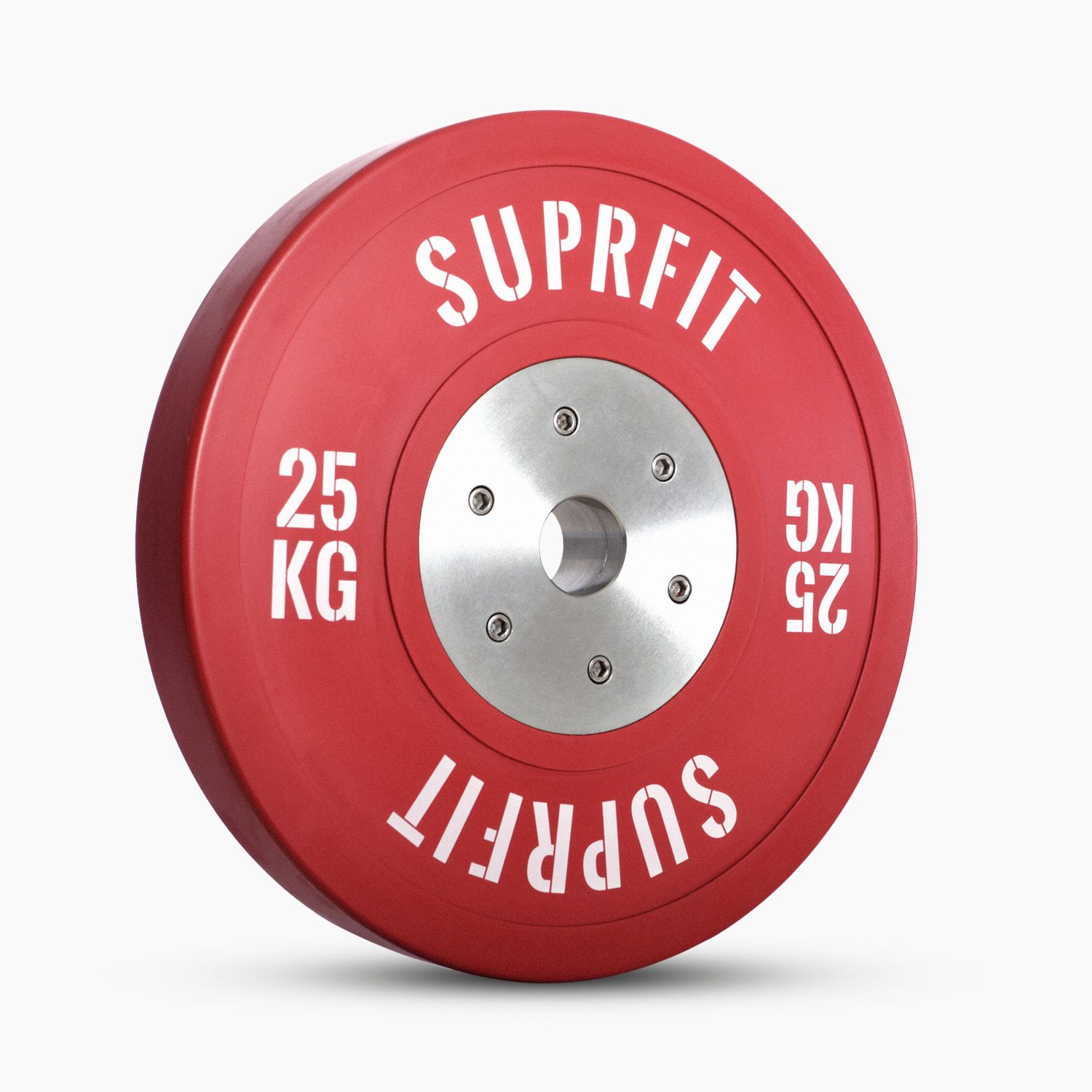 Rote Suprfit Pro Competition Bumper Plate. 25 KG Gewicht. Silberne Mitte mit Schrauben. Aufschrift: SUPRFIT.