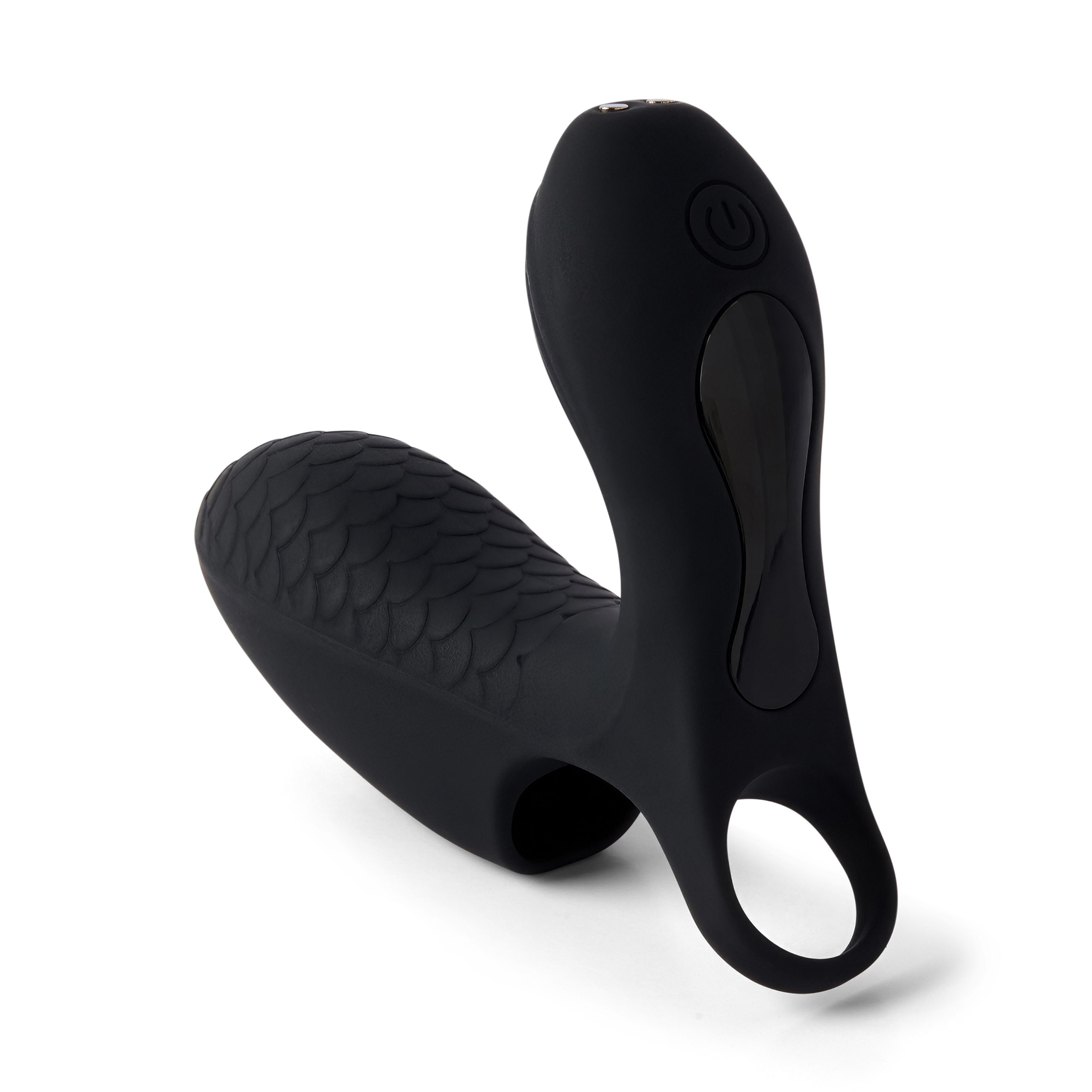 Schwarzes Wellness-Produkt mit strukturierter Oberfläche und Ring. Mit Ein-/Aus-Taste. Auf weißem Hintergrund.