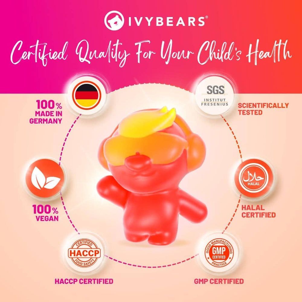 Roter Gummibär mit gelbem Kopf, umgeben von Zertifizierungen: 100% Made in Germany, Vegan, Halal, HACCP, GMP, SGS.