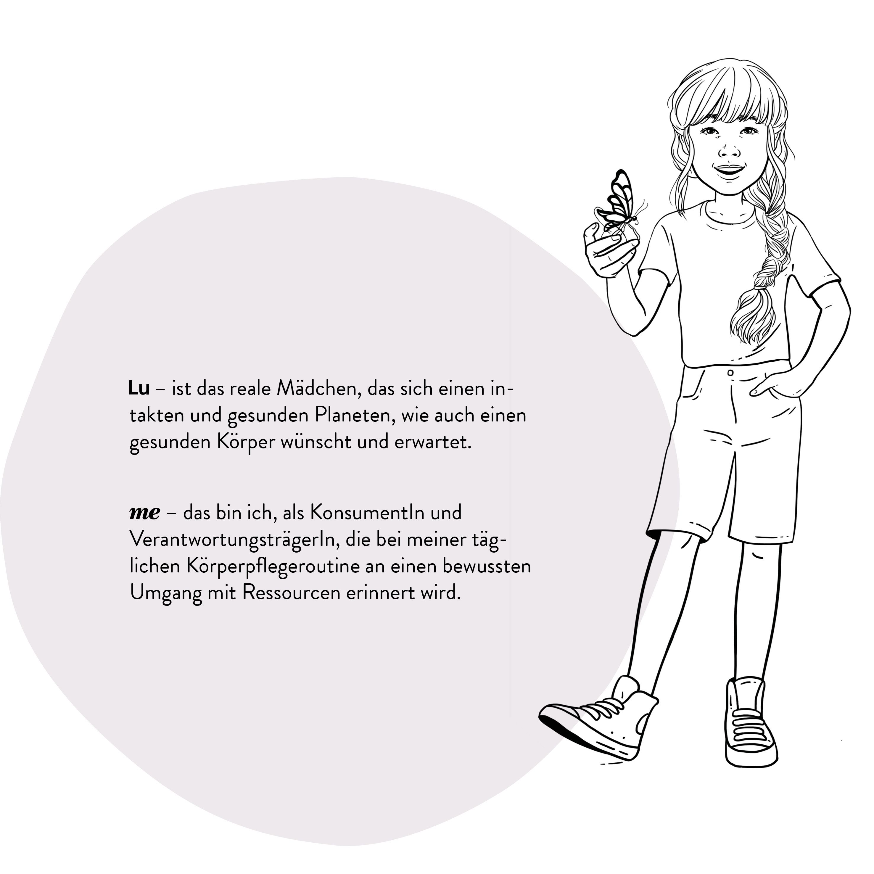 Schwarz-Weiß-Illustration eines Mädchens mit Zopf, das einen Schmetterling hält. Text in deutscher Sprache.