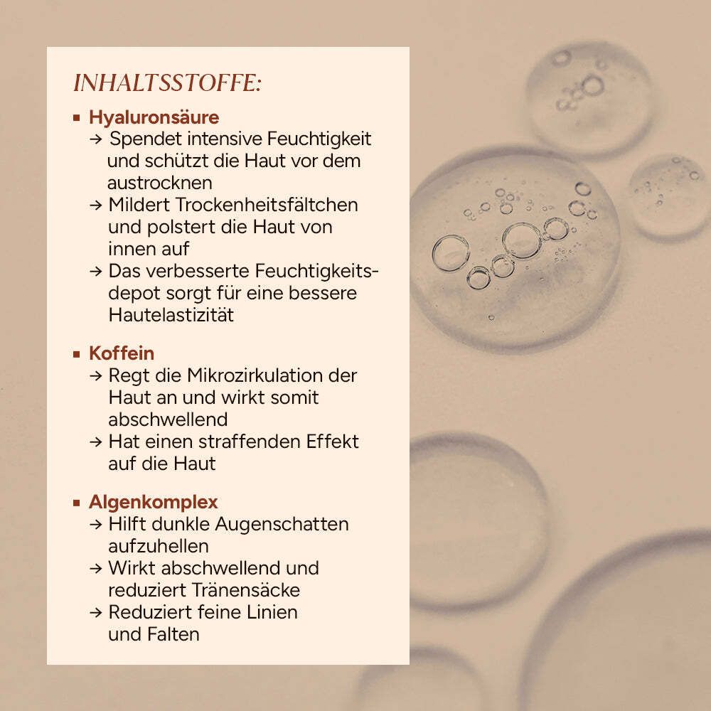 Textfeld mit Inhaltsstoffen: Hyaluronsäure, Koffein, Algenkomplex. Beschreibungen der Wirkungen.