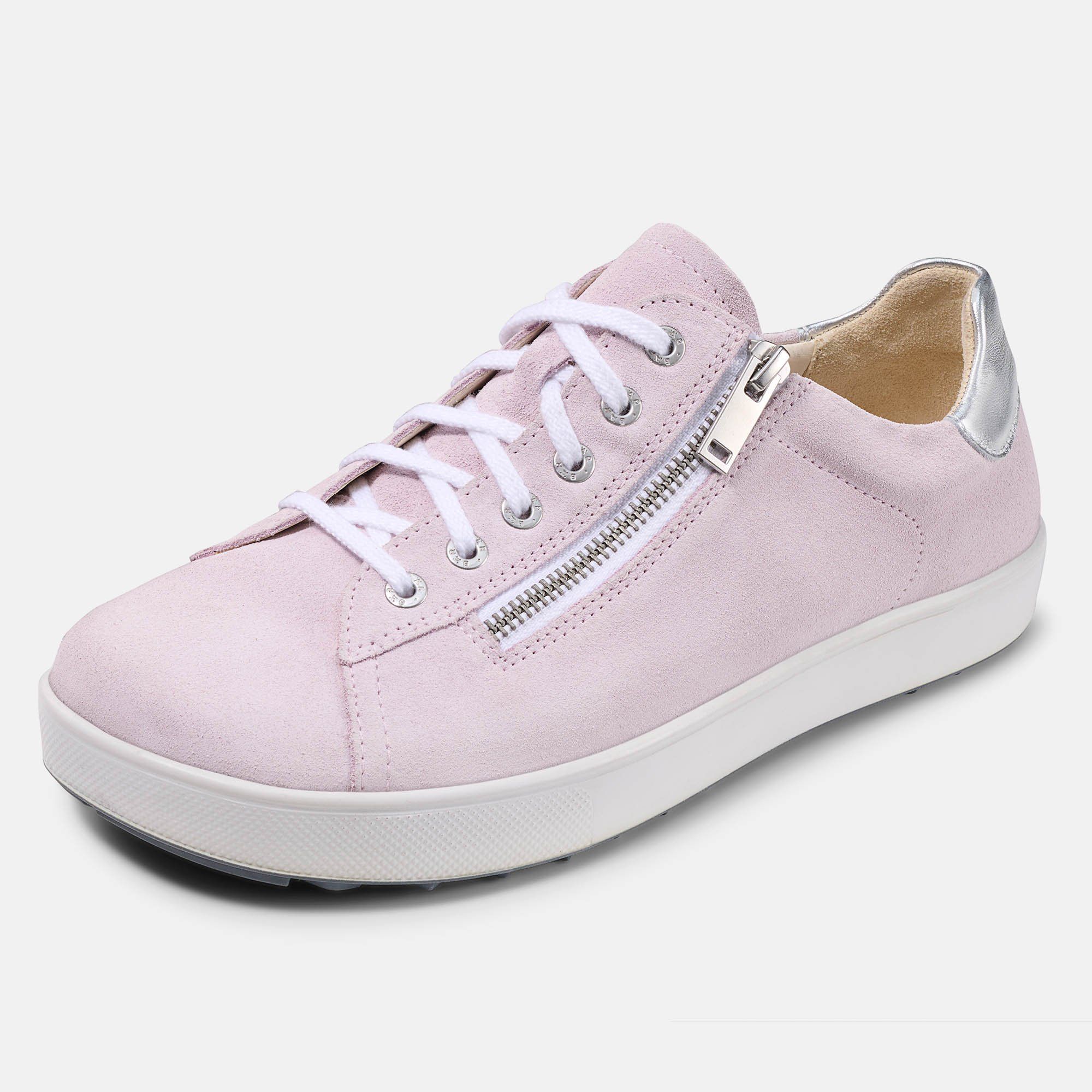 Rosa Schnürschuhe mit Reißverschluss und weißer Sohle. Silberfarbener Einsatz an der Ferse. Weiße Schnürsenkel.